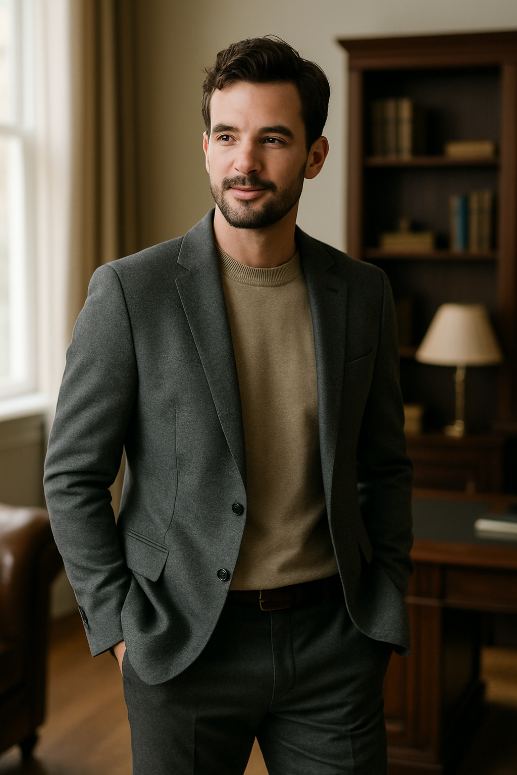 A man wearing a gray blazer over a beige sweater, paired with dress pants, standing confidently in a well-furnished room.