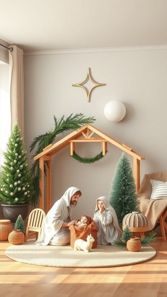A nativity scene featuring Mary, Joseph, and baby Jesus in a wooden stable, surrounded by Christmas decorations.