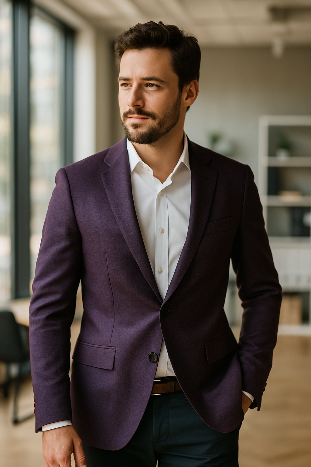 A man wearing a purple blazer and white shirt, posing confidently in an office setting.