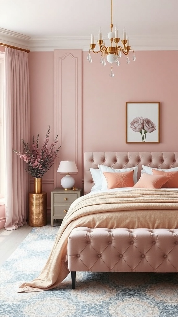 A sophisticated pink and gray bedroom featuring a tufted pink bed, gray bedding, a chandelier, and floral decor.