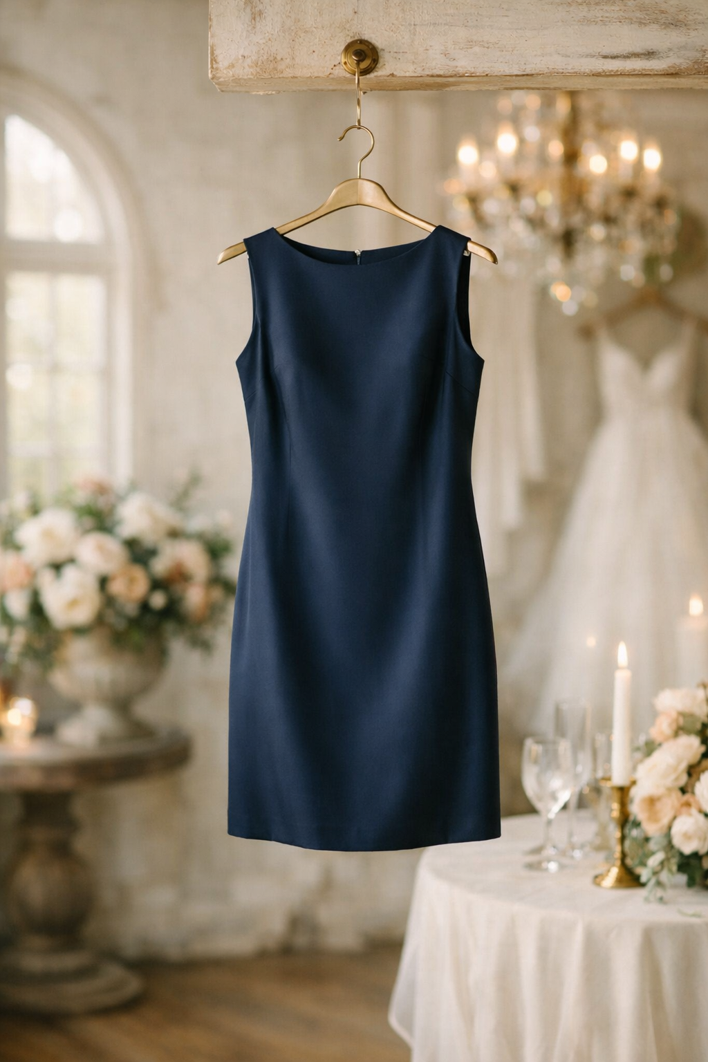 A navy blue shift dress hanging elegantly with floral decor in the background