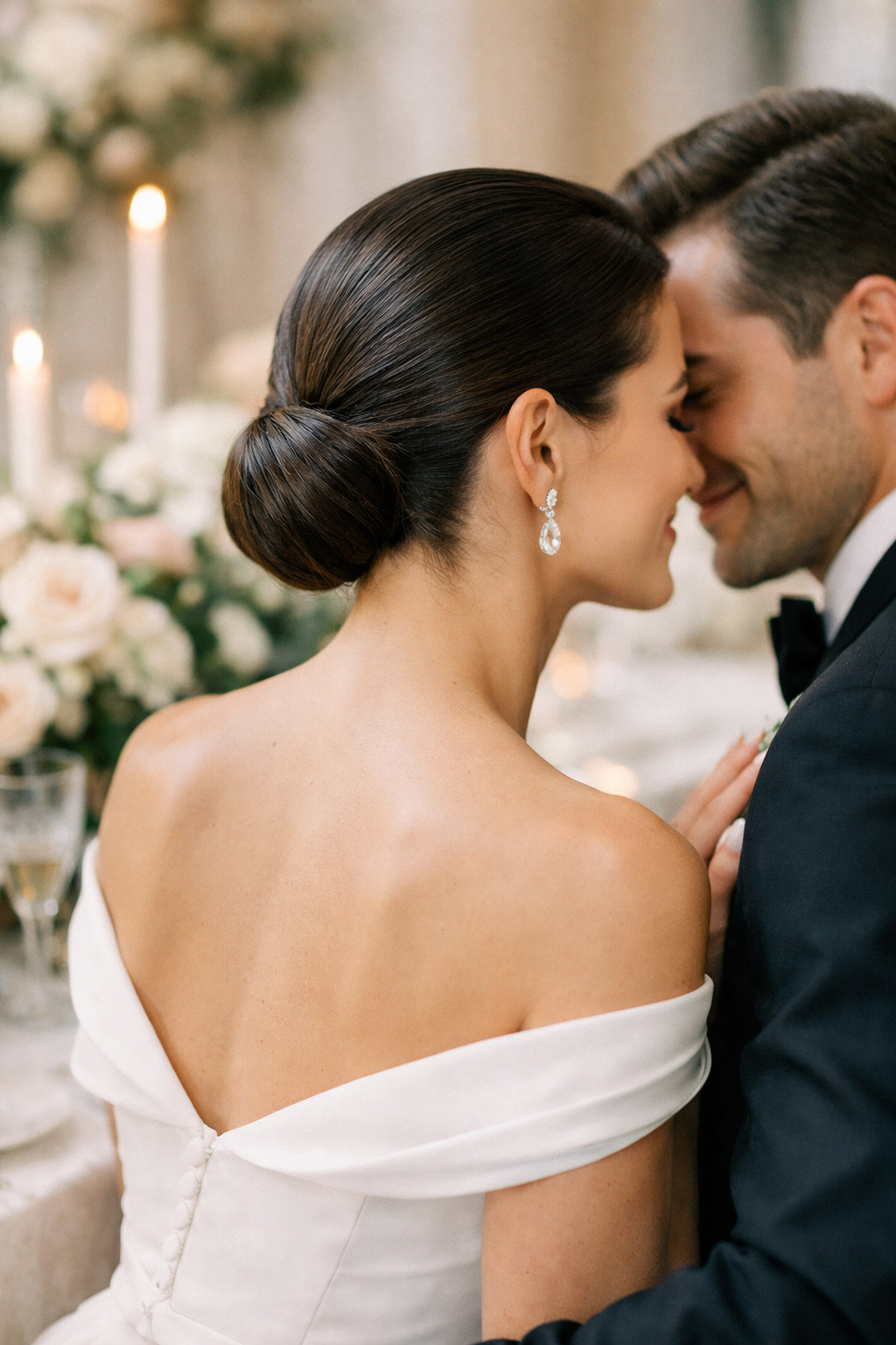 A close-up of a woman with slicked-back hair styled in a low bun, wearing an off-shoulder wedding dress, embracing a man in formal attire.