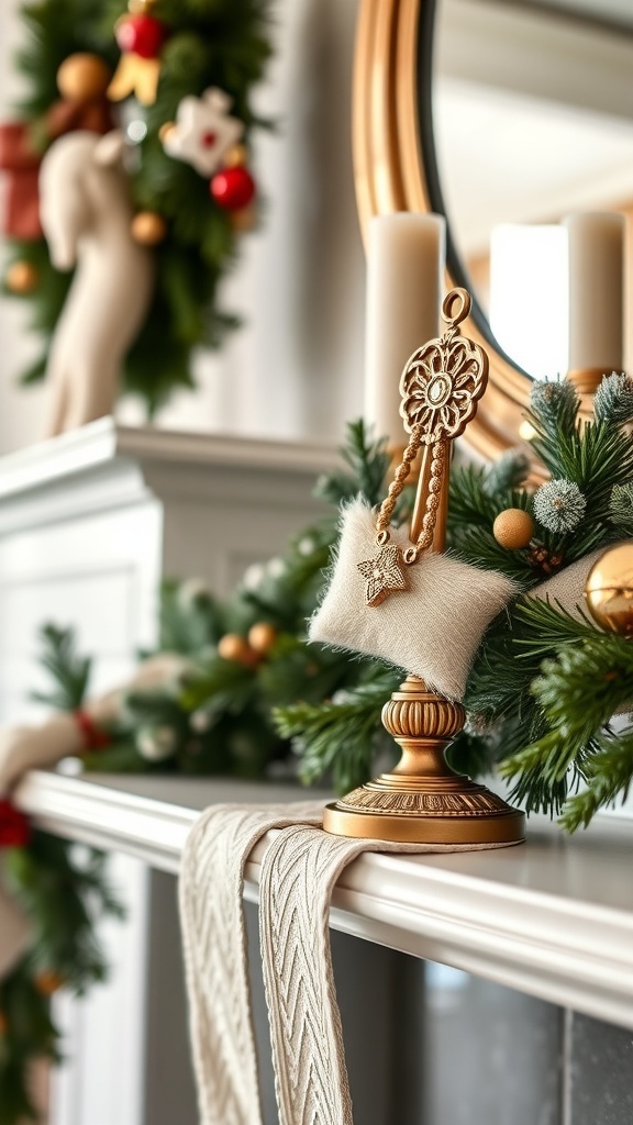 A sophisticated stocking holder on a mantel with festive decorations.