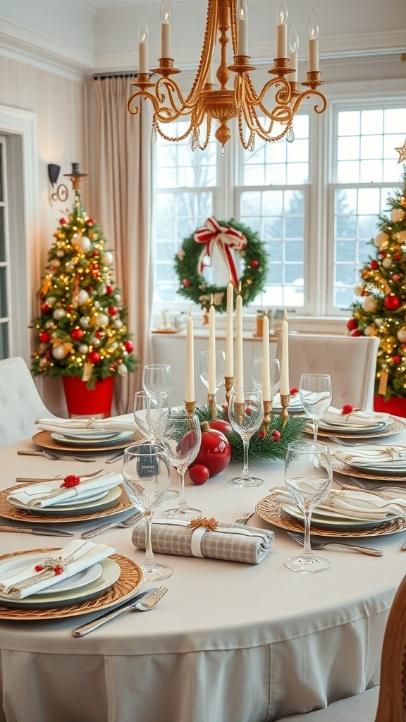 Sophisticated Christmas table setting with elegant decor, including candles, glassware, and festive decorations.