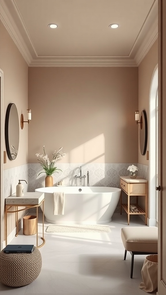 A stylish bathroom featuring taupe walls, cream accents, a freestanding bathtub, and natural elements.