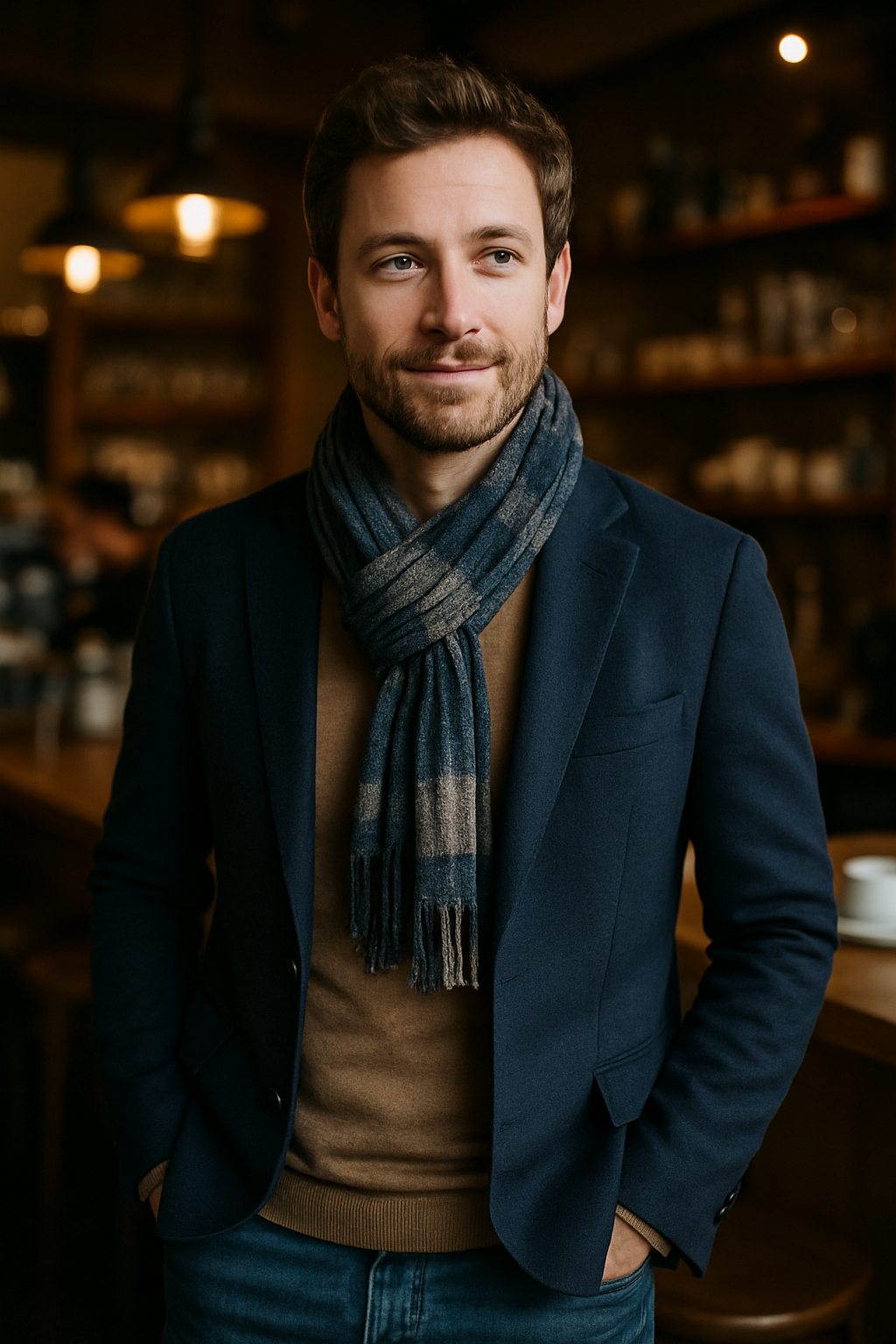A man wearing a navy blue blazer with a striped scarf, standing in a cozy café.