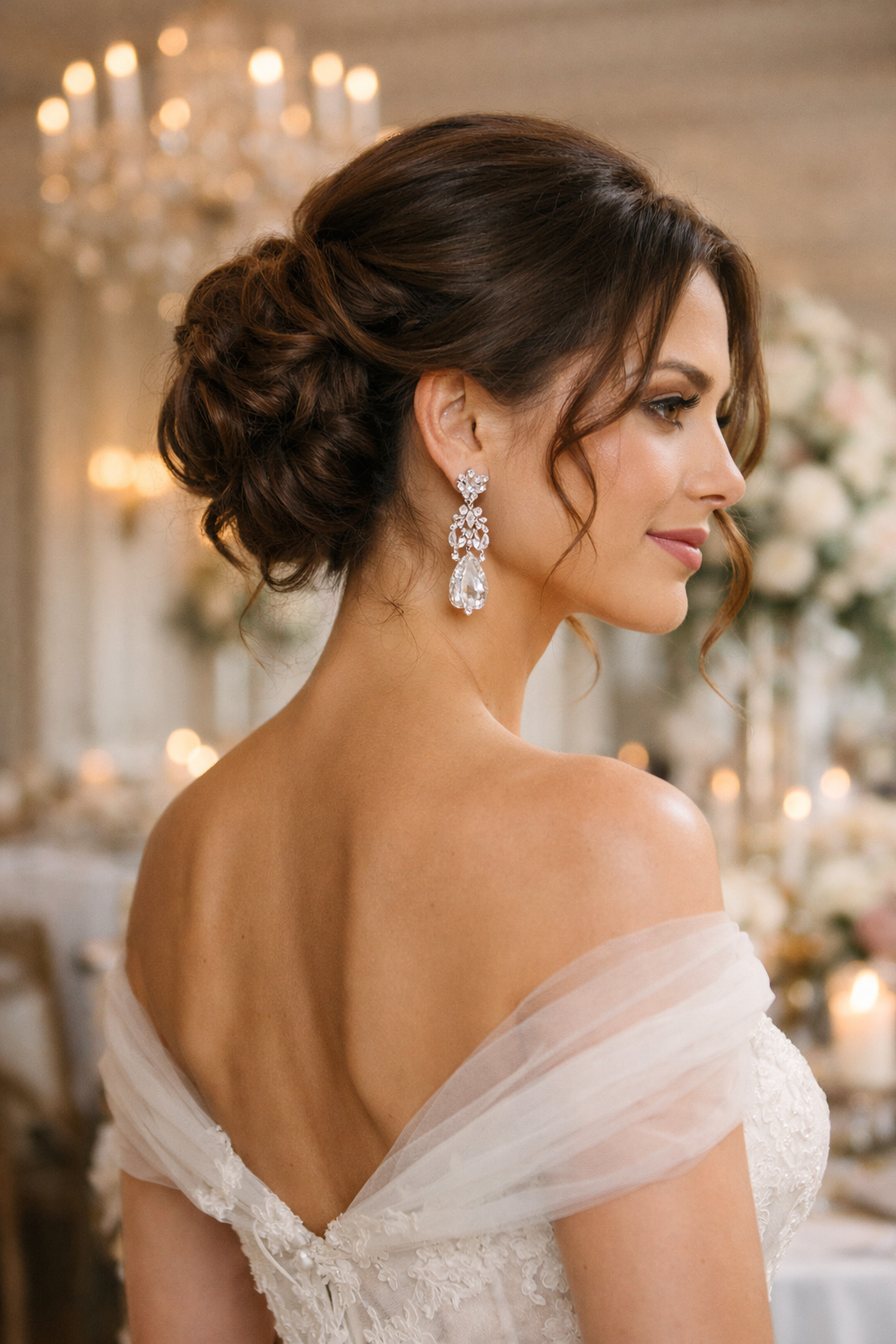 Elegant updo hairstyle with curly tendrils, showcasing a woman's profile and sparkling earrings