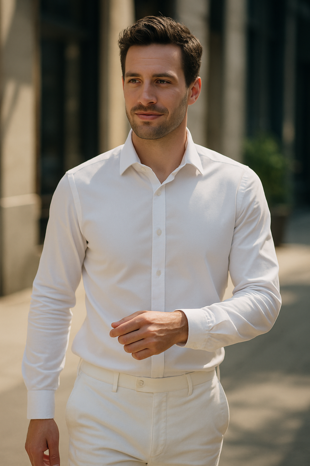 A man wearing a white dress shirt and white trousers, walking confidently outdoors.
