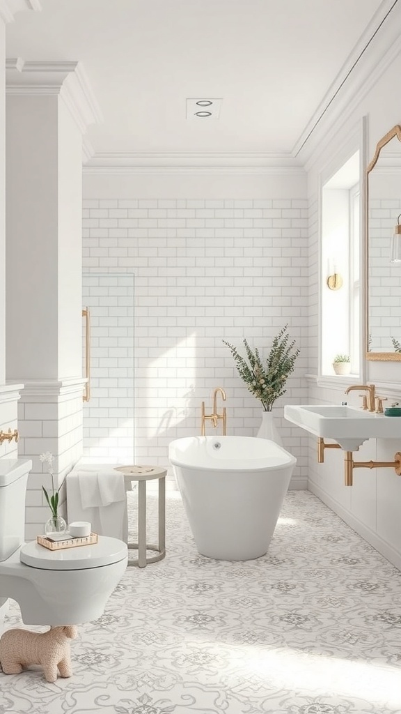Sophisticated white bathroom with subway tiles and patterned floor tiles