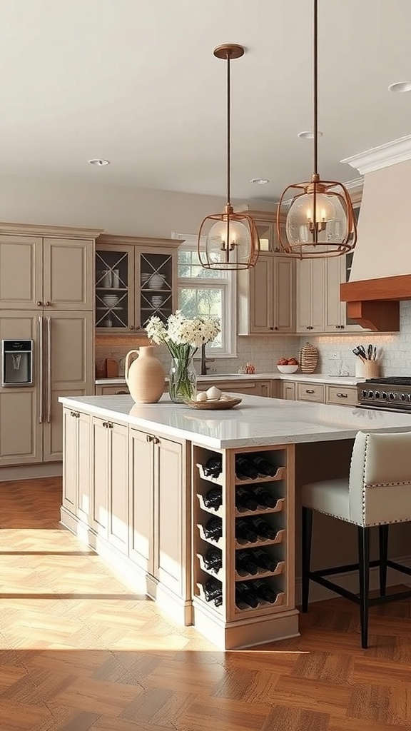 A stylish kitchen island featuring a wine rack with multiple bottles, showcasing a sleek marble countertop and elegant cabinetry.