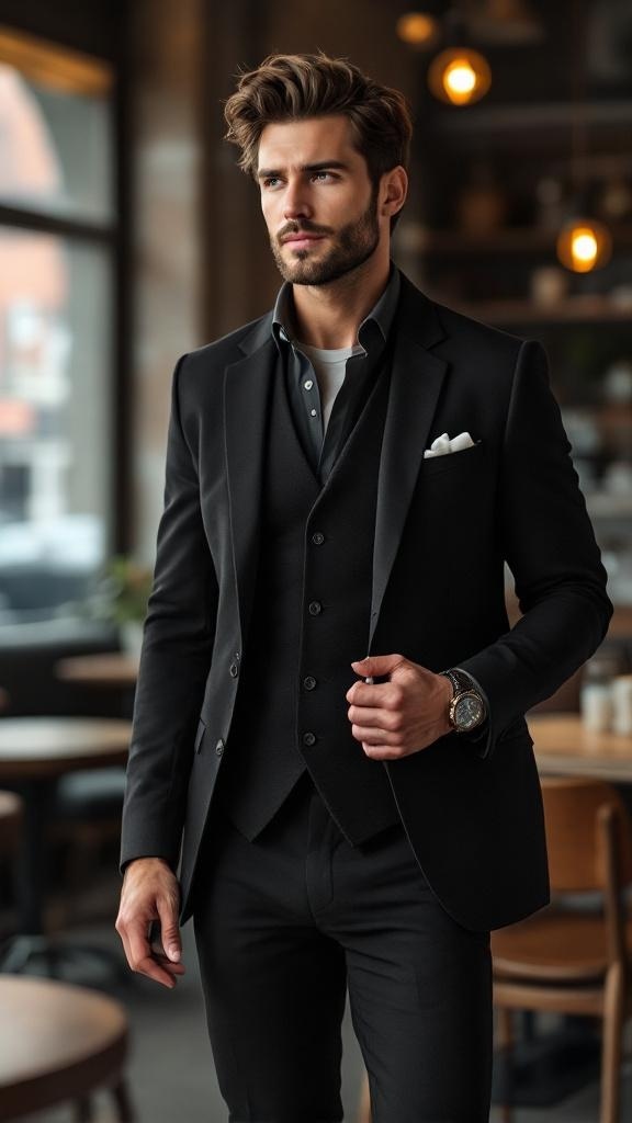 A man wearing a black blazer with a vest, showcasing a sophisticated outfit.