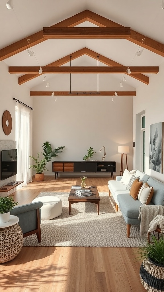 A cozy living room with high ceilings, wooden beams, and a minimalist design featuring plants and comfortable furniture.