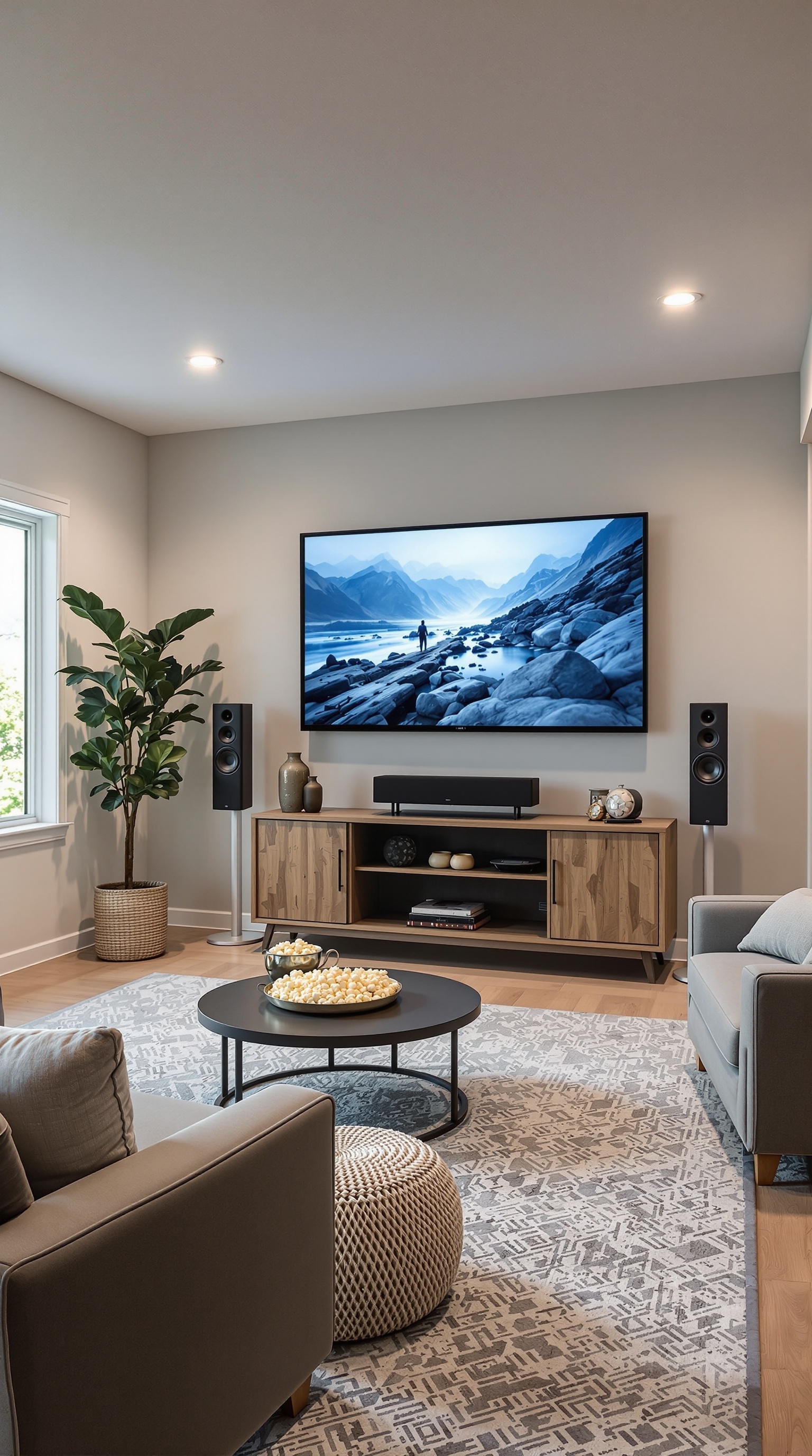 Cozy basement family room with a large TV and sound system