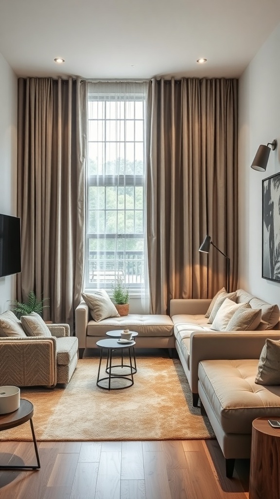 A cozy man cave with soft colors, comfortable furniture, and thick curtains for soundproofing.