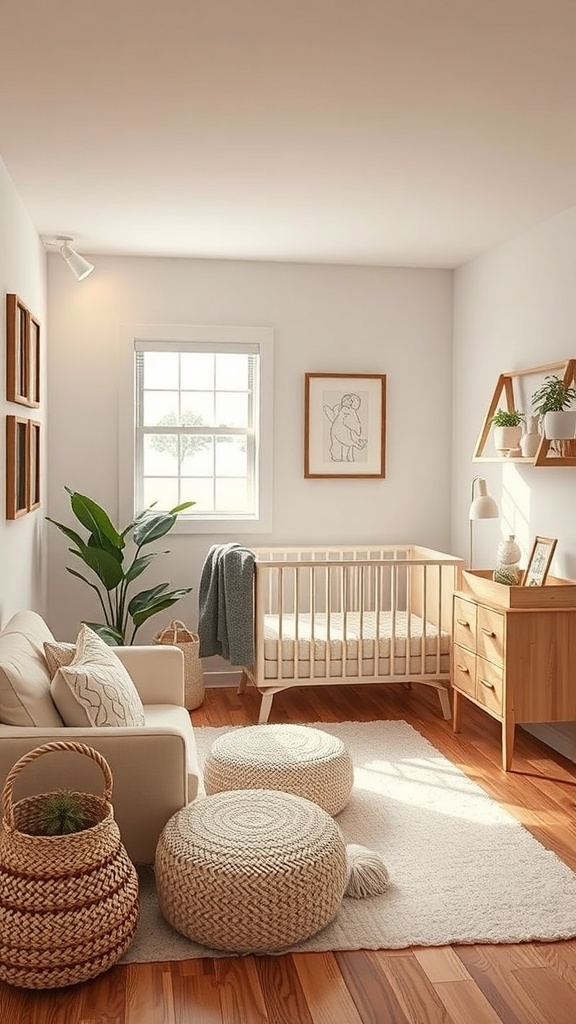 A cozy nursery with a crib, soft furnishings, and natural light.