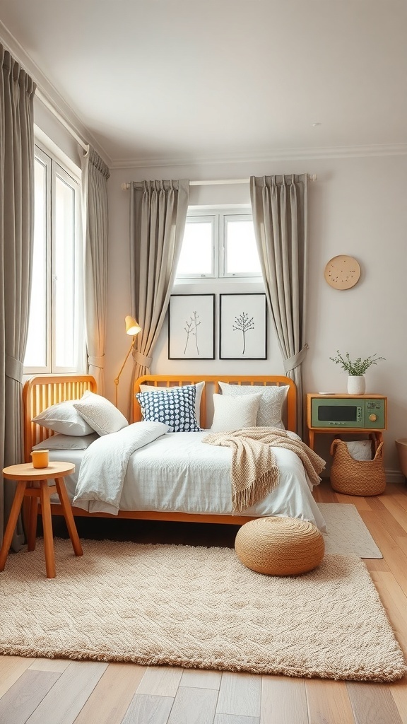 A cozy shared kids bedroom with warm colors, soft textures, and soundproofing elements.