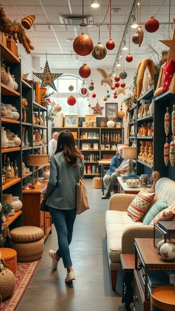 A cozy thrift store filled with colorful ornaments and decorations hanging from the ceiling.