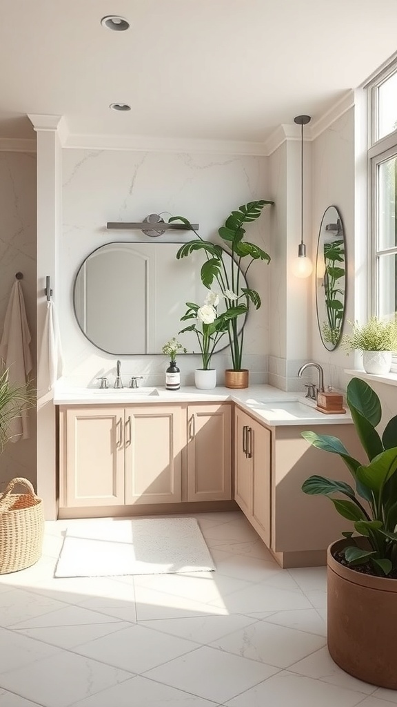 A spa-inspired dual vanity bathroom showcasing soft beige cabinetry, white countertops, tropical plants, and ample natural light.