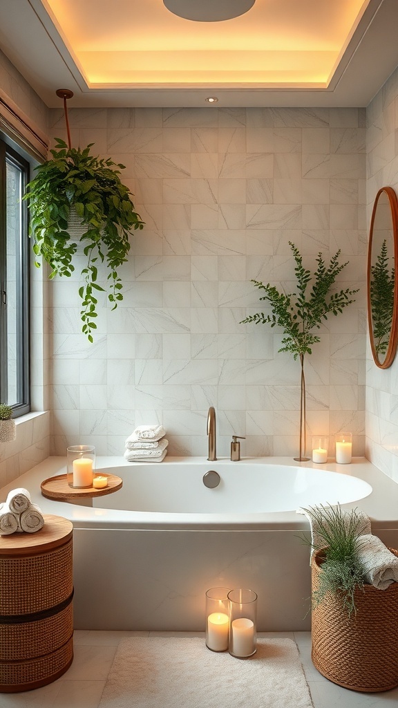 A modern bathroom featuring a sleek bathtub, candles, and hanging plants, designed for relaxation.