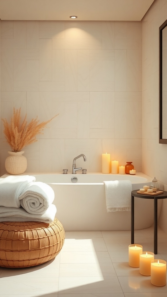 A serene Japandi bathroom featuring a bathtub, candles, and cozy towels.