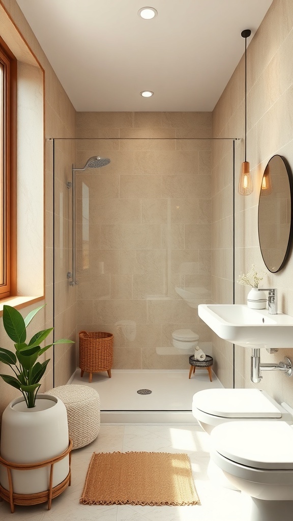 Small bathroom with stand up shower, natural light, plants, and modern decor.