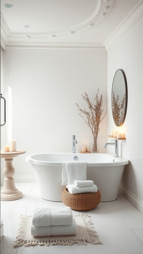 A serene white bathroom featuring a modern bathtub, candles, and decorative elements for a spa-like feel.