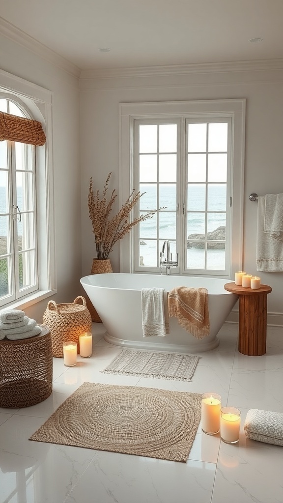 A serene coastal bathroom with a freestanding bathtub, candles, and natural decor.