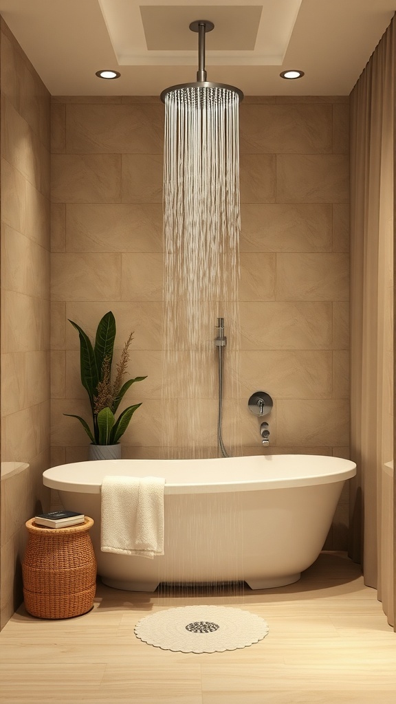 A cozy bathroom featuring a modern shower and bathtub with warm tones and a plant.