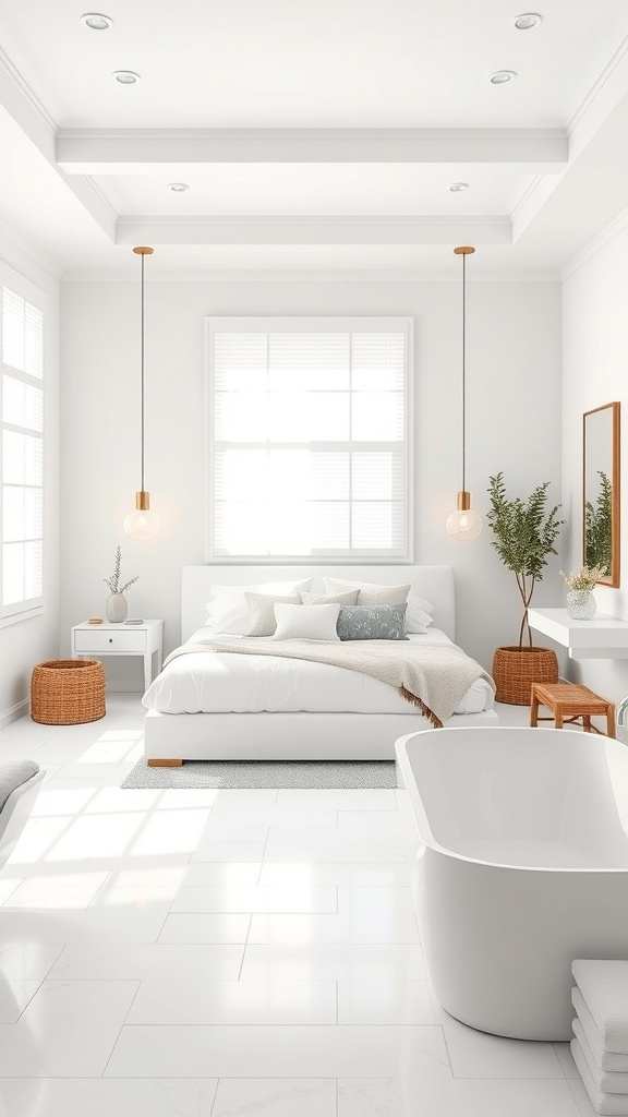 A bright, white bedroom with a freestanding bathtub, natural light, and cozy decor.