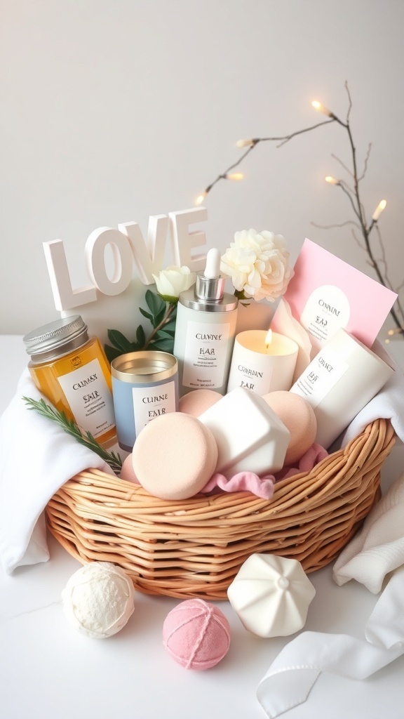 A beautifully arranged spa gift basket filled with skincare products, candles, and bath bombs.