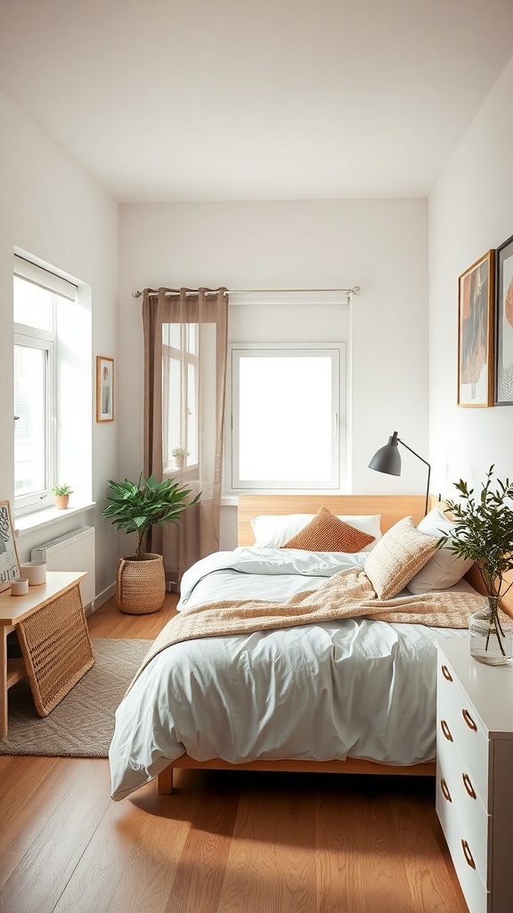 Cozy bedroom in a tiny studio apartment with a bed, plants, and a small table.