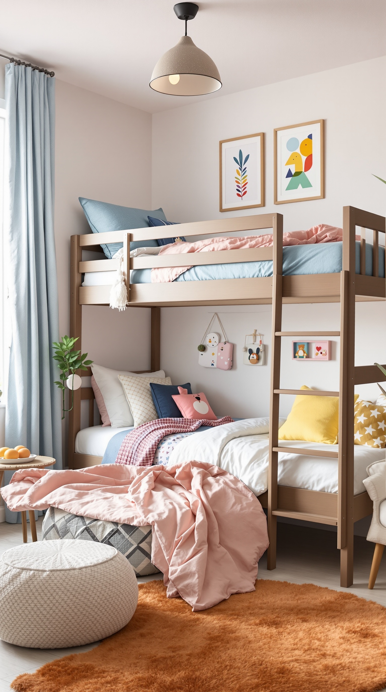 A stylish kids' room featuring space-saving bunk beds with colorful bedding and decorative pillows.