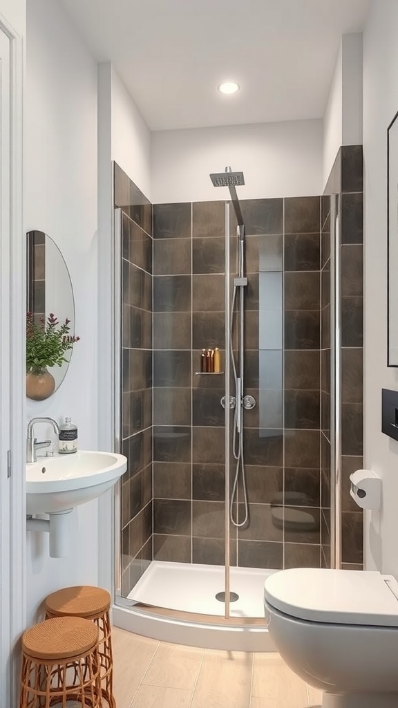 A modern corner shower in a very small bathroom with dark tiled walls and a minimalist design.