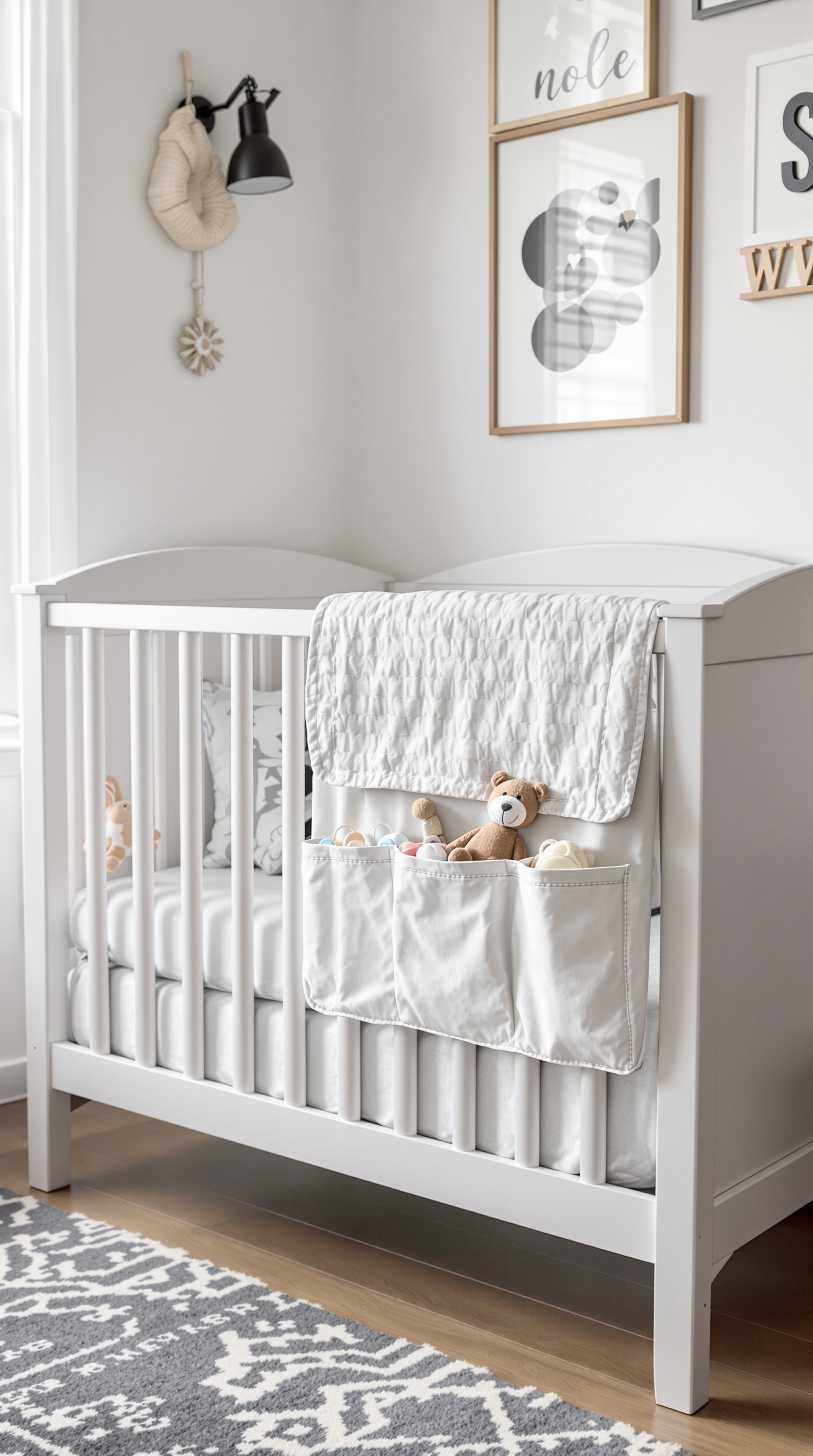 A white crib with a quilted cover and storage pockets holding toys and essentials.