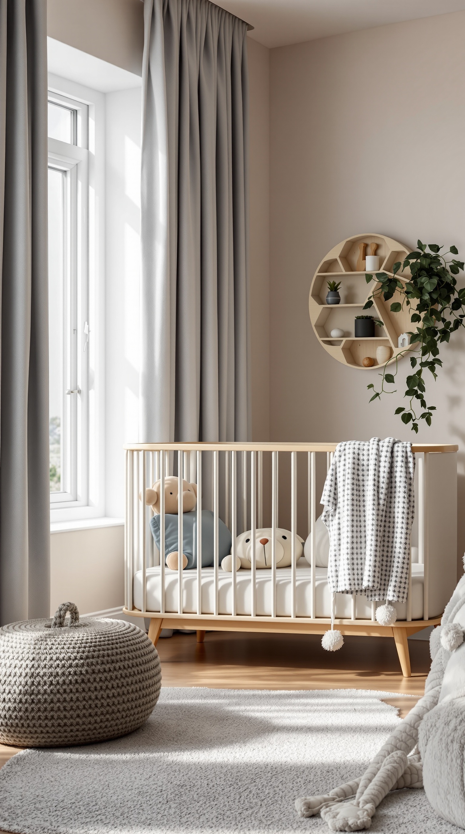 A compact baby crib in a small nursery with soft toys and a cozy pouf.