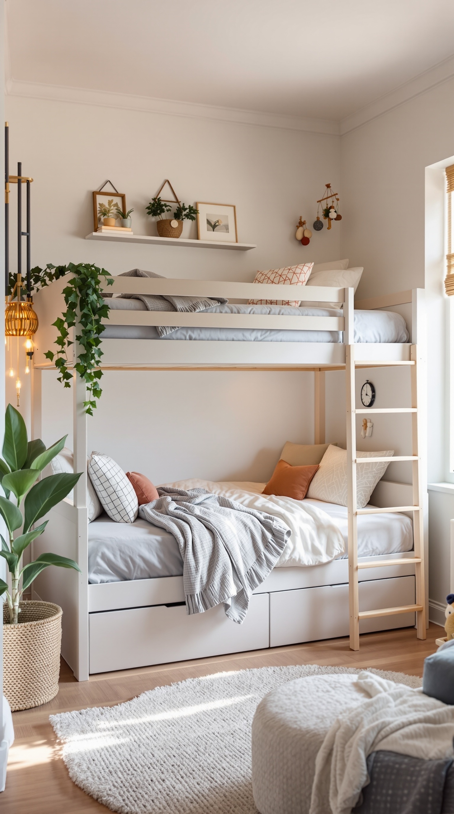 Stylish kids bunk bed in a small room with storage and decorative elements.