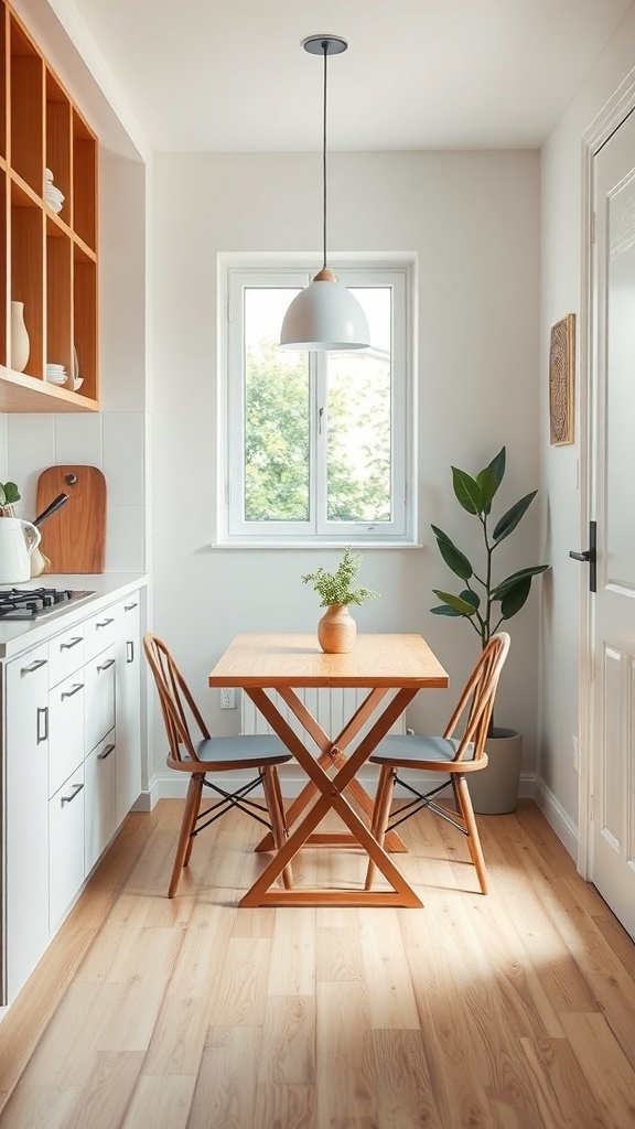 A small apartment kitchen with a wooden table and two chairs, featuring a window and a plant.