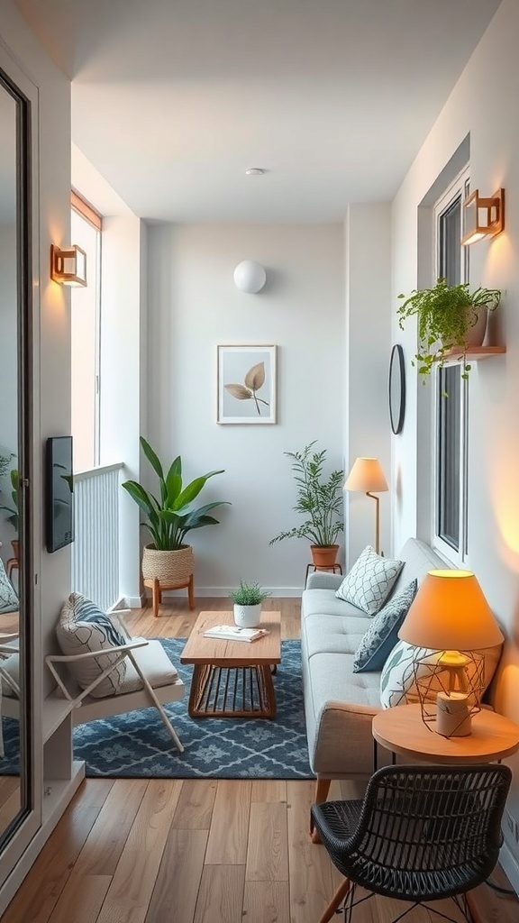 Cozy balcony setup with space-saving furniture, plants, and soft lighting.