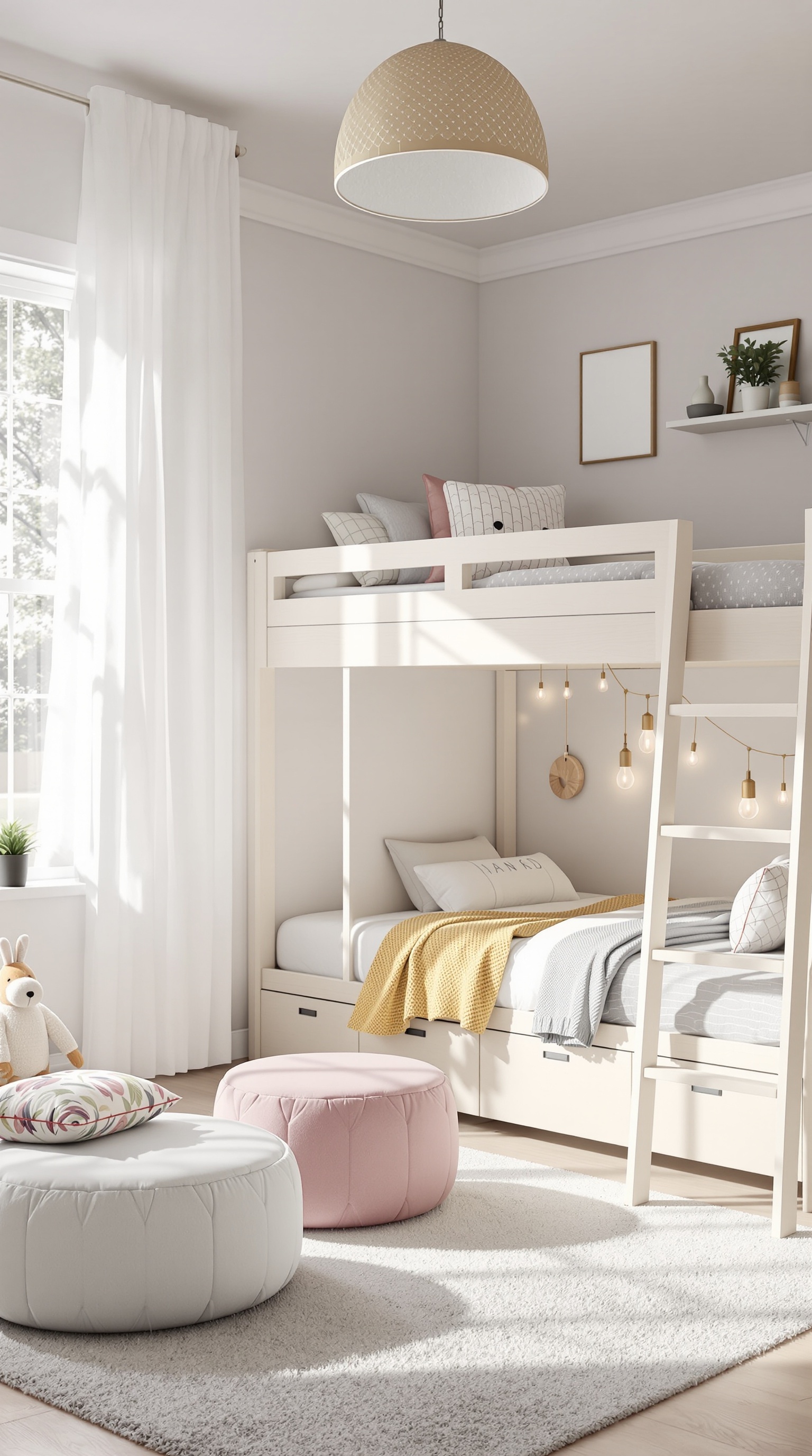 A stylish kids' room featuring a space-saving bunk bed, poufs, and a cozy atmosphere.