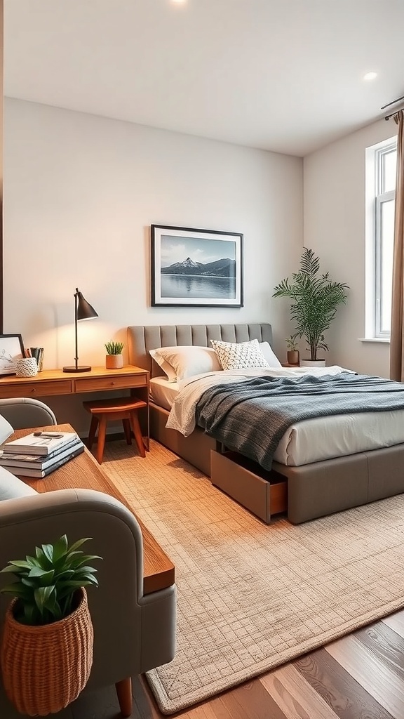 A small master bedroom featuring a bed with storage, a compact desk, and plants for decor.