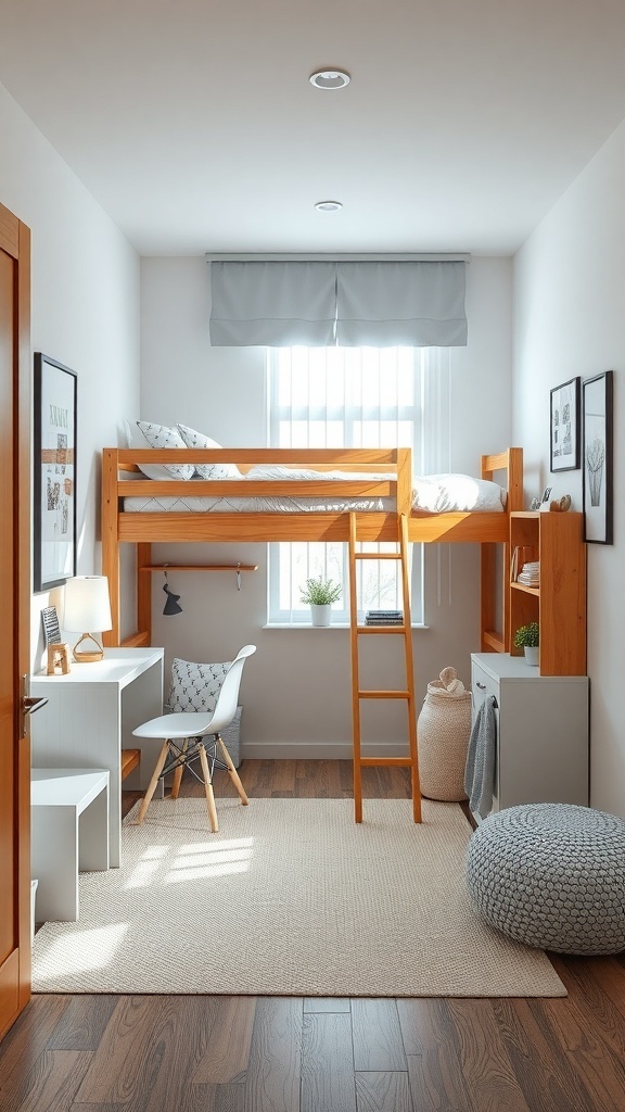 A small kids bedroom featuring a loft bed, desk, and organized storage solutions.