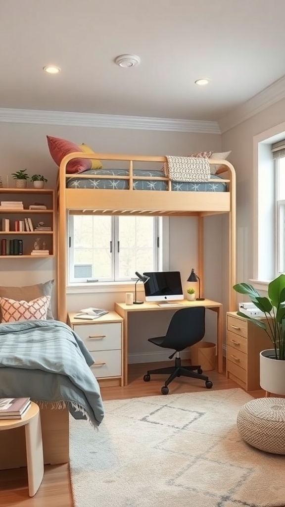 A simple teen bedroom featuring a lofted bed, desk, and storage solutions.