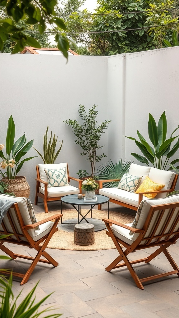 A cozy backyard setup with space-saving furniture, featuring folding chairs, a coffee table, and plants.