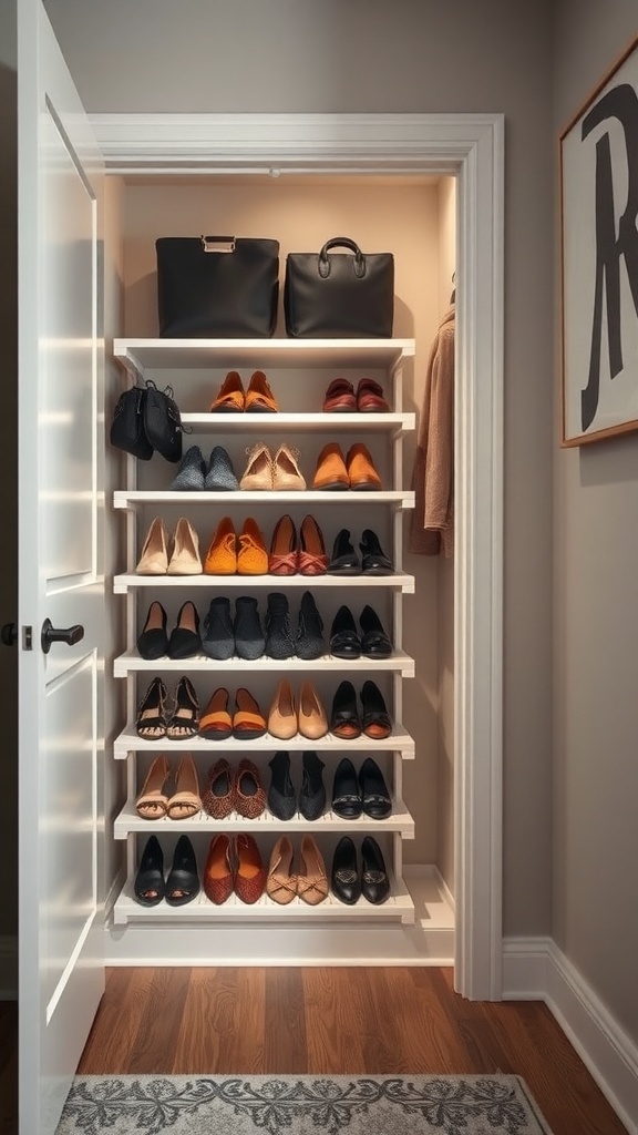 A small closet with a space-saving shoe rack displaying various pairs of shoes and bags.