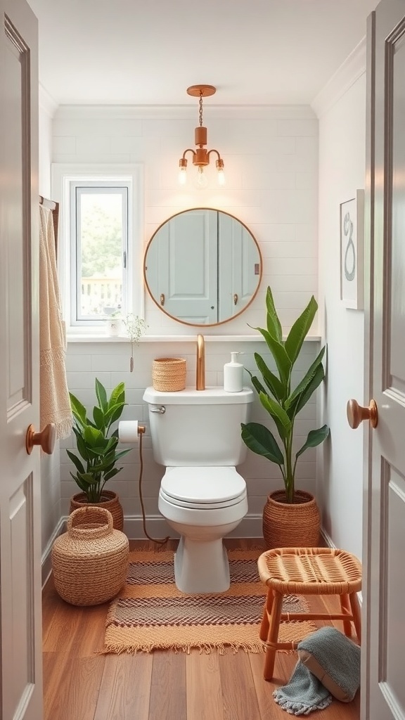 A small half bathroom featuring a toilet, round mirror, plants in baskets, and a cozy rug.