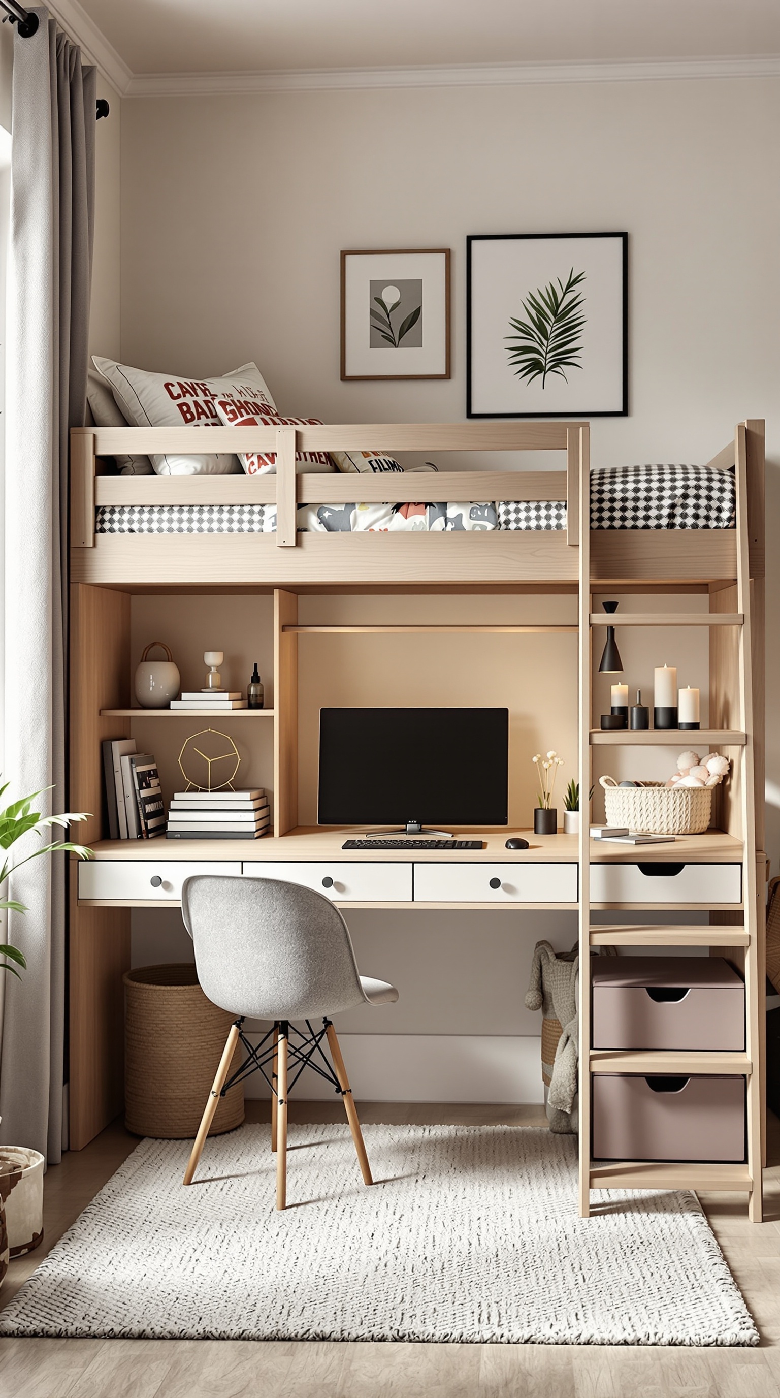 A stylish kids bedroom featuring a lofted bed with a desk underneath, shelves, and storage solutions.