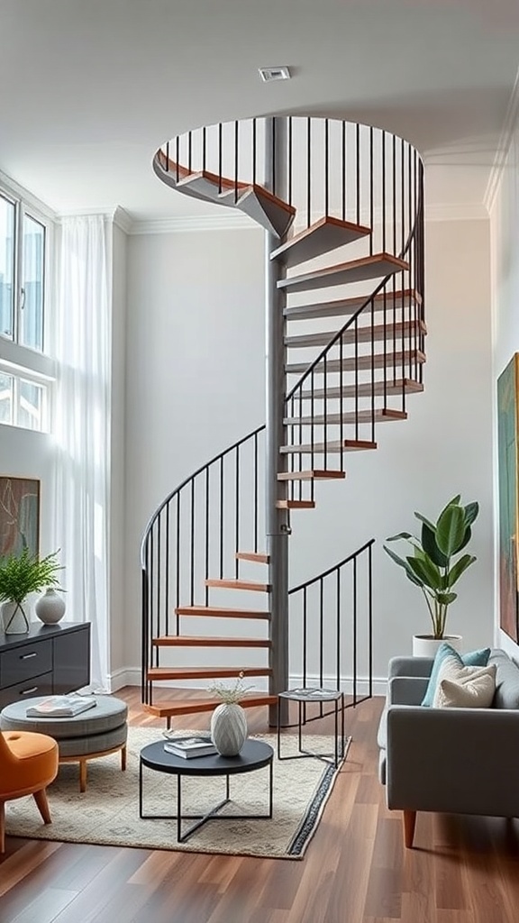 A modern spiral staircase in a stylish living room, featuring wooden steps and a metal frame.