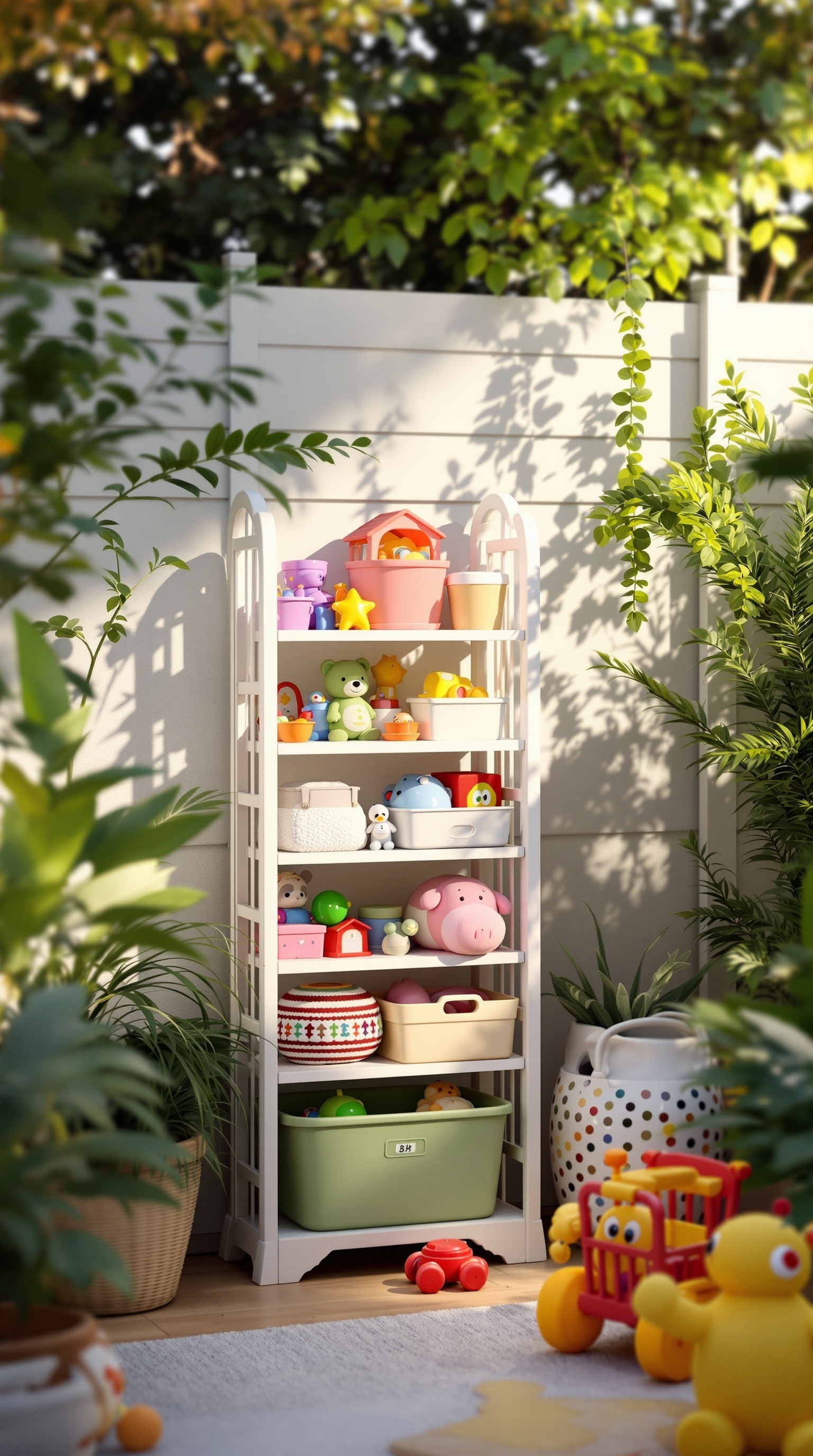 Colorful outdoor toy storage unit filled with various toys, surrounded by plants in a small yard.