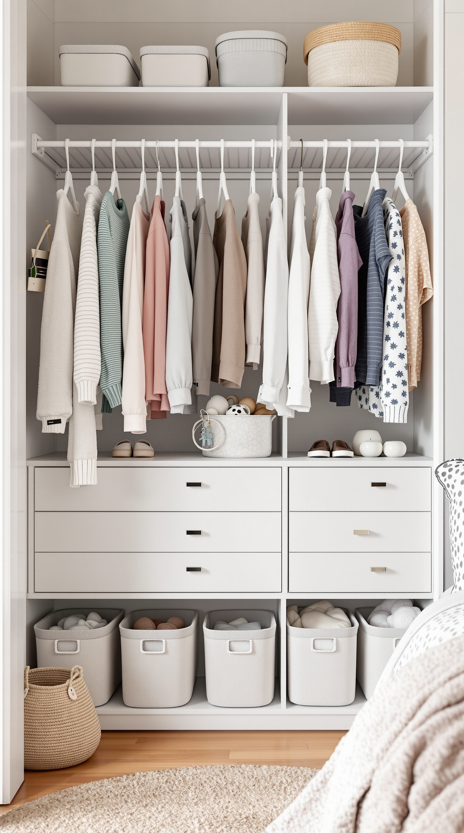 A well-organized toddler closet with clothes hung neatly, storage baskets on shelves, and drawers for additional storage.
