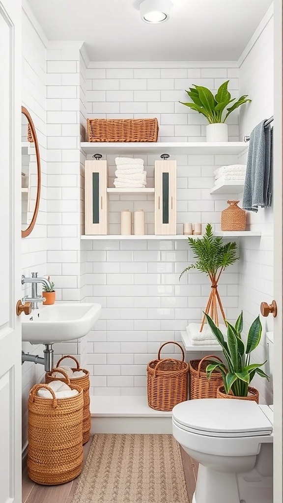 A stylish guest bathroom with open shelves, wicker baskets, and a plant.